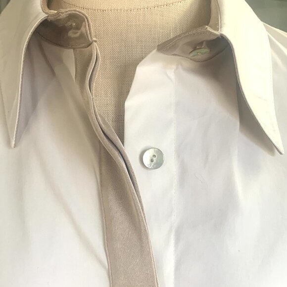ST. JOHN Cotton Blend Satin Trim Button Down Top Sz 10 #139C - Picture 6 of 14